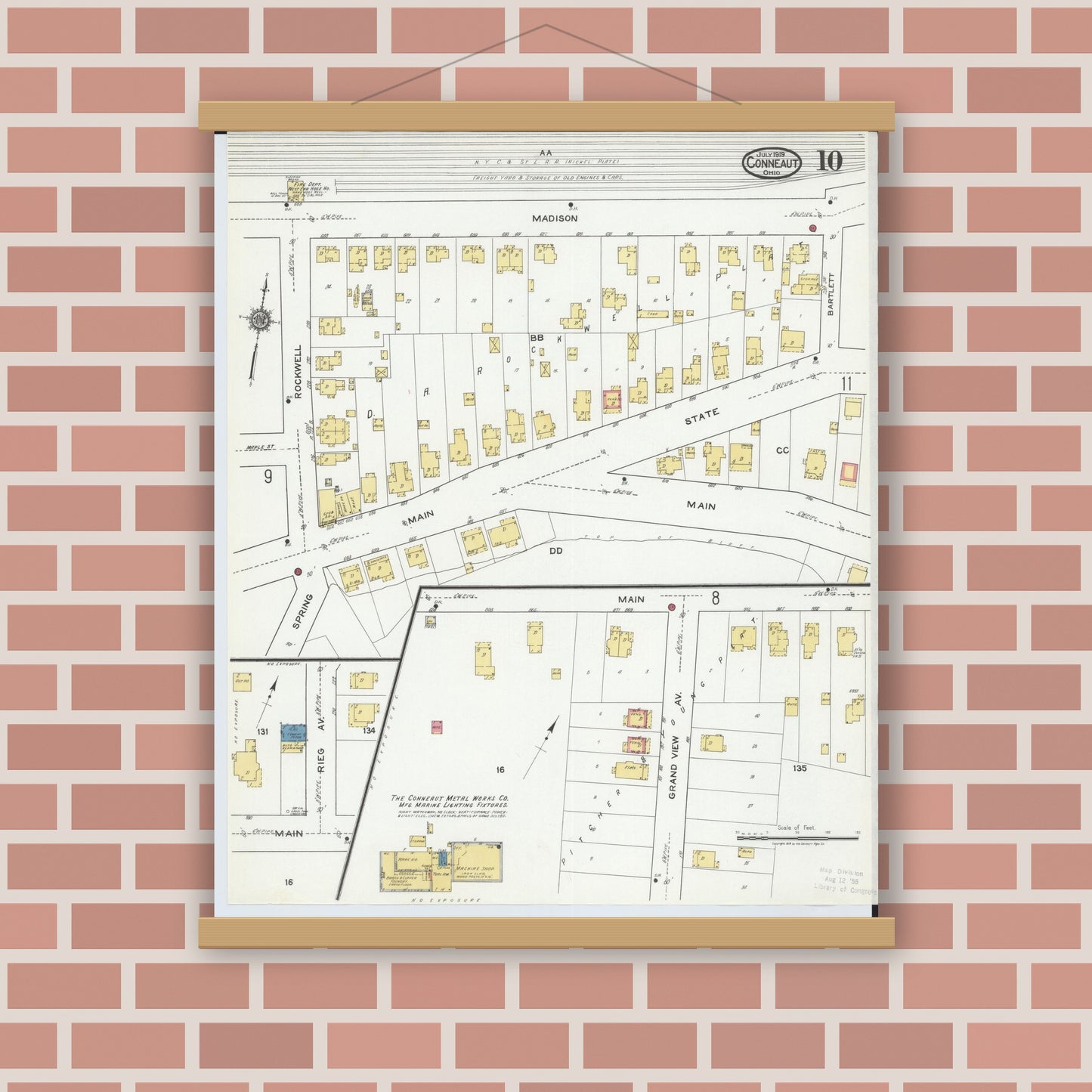 Old map wall art mockup — magnetic wood frame on brick wall — Sanborn Fire Insurance Map from Conneaut, Ashtabula County, Ohio (1919), Sheet #0010
