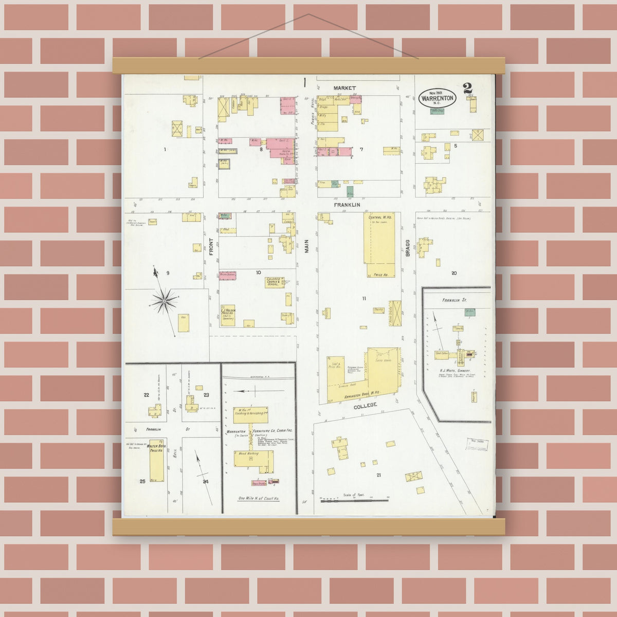 Old map wall art mockup — magnetic wood frame on brick wall — Sanborn Fire Insurance Map from Warrenton, Warren County, North Carolina (1901), Sheet #0002