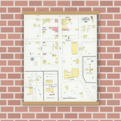 Old map wall art mockup — magnetic wood frame on brick wall — Sanborn Fire Insurance Map from Warrenton, Warren County, North Carolina (1901), Sheet #0002