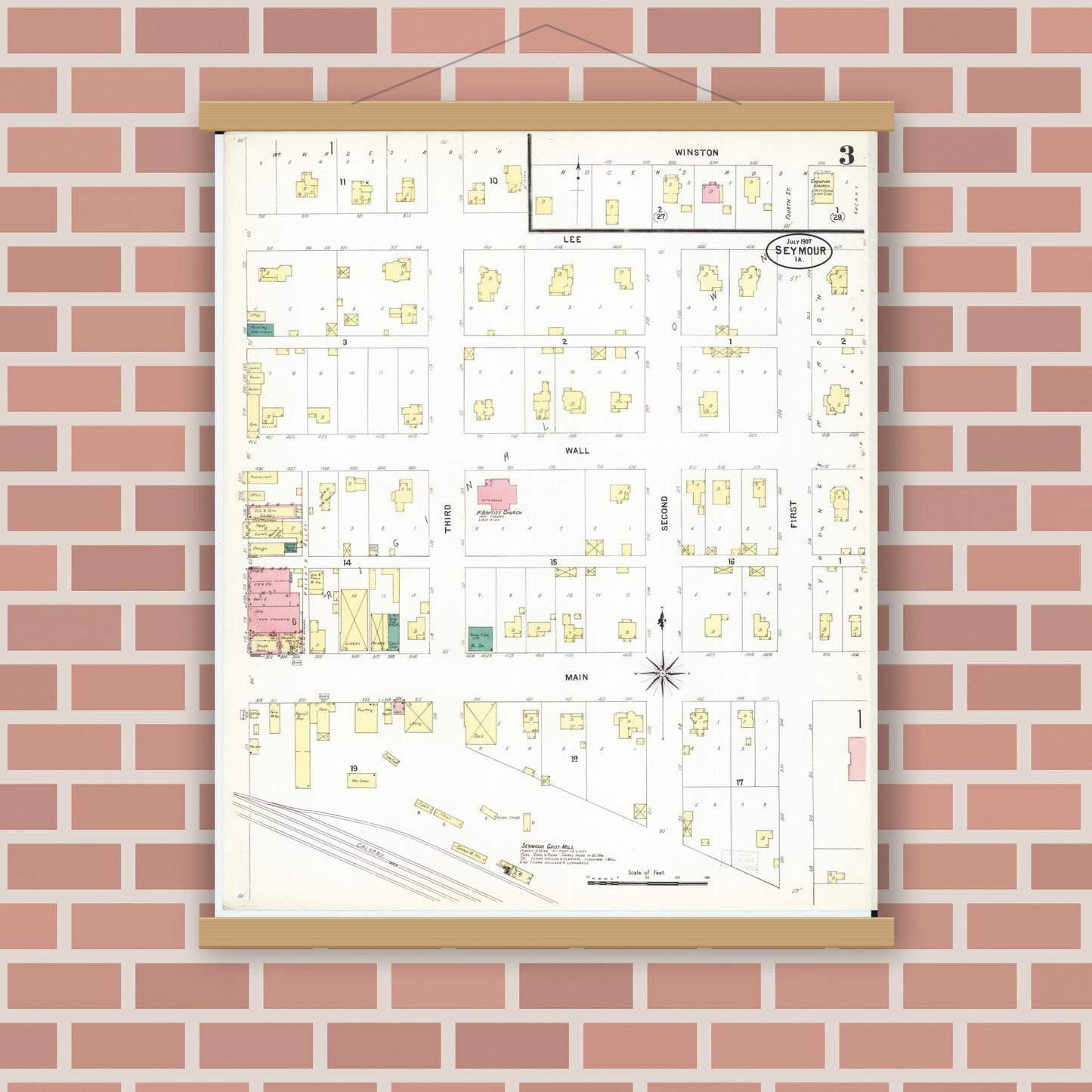 Old map wall art mockup — magnetic wood frame on brick wall — Sanborn Fire Insurance Map from Seymour, Wayne County, Iowa (1907), Sheet #0003