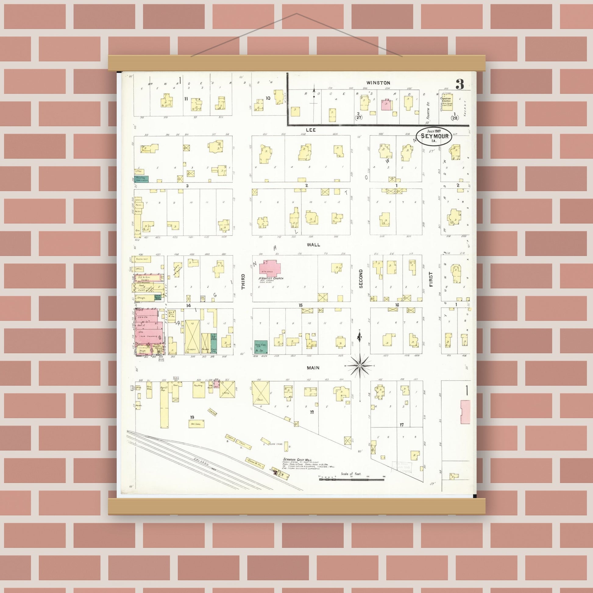 Old map wall art mockup — magnetic wood frame on brick wall — Sanborn Fire Insurance Map from Seymour, Wayne County, Iowa (1907), Sheet #0003