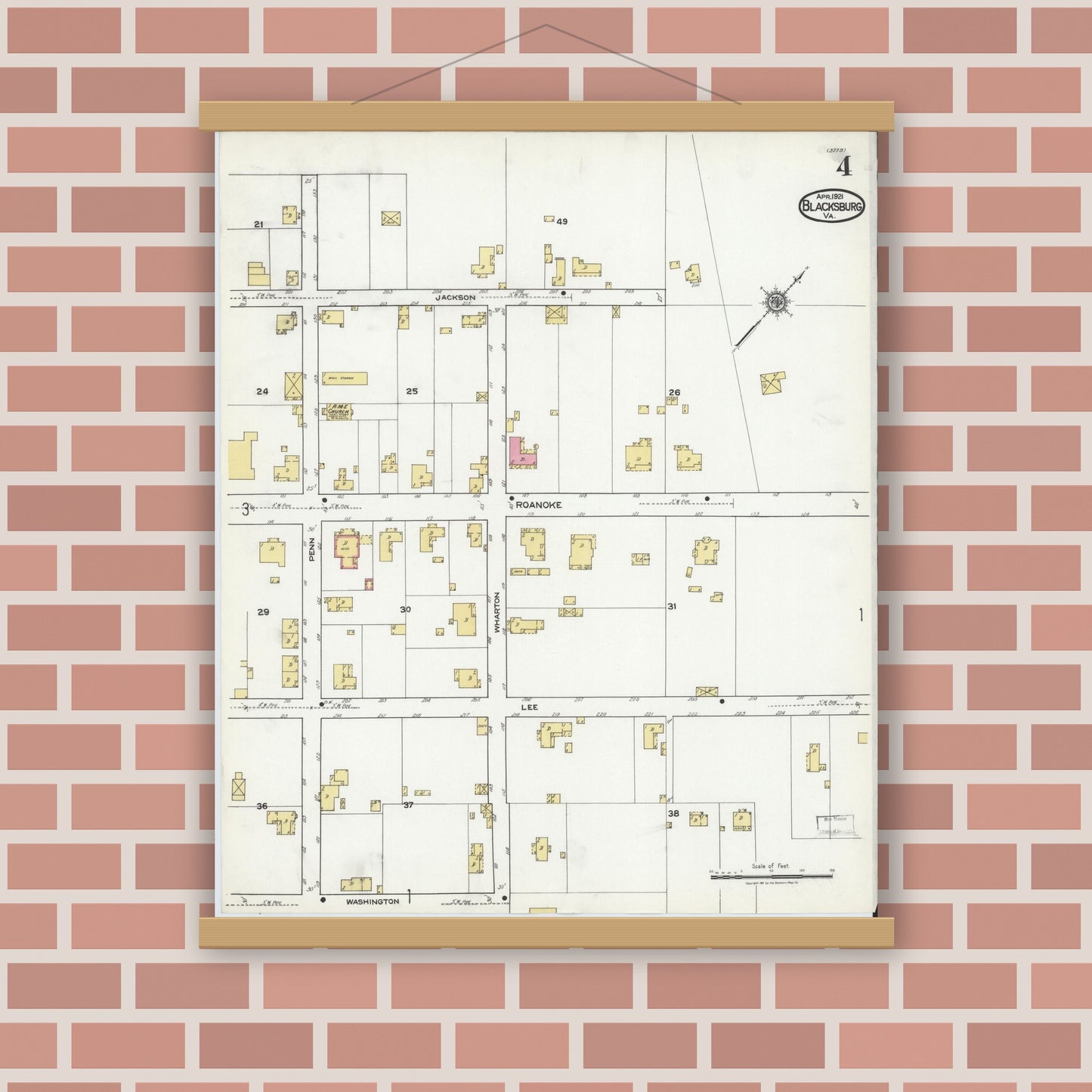 Old map wall art mockup — magnetic wood frame on brick wall — Sanborn Fire Insurance Map from Blacksburg, Montgomery County, Virginia (1921), Sheet #0004