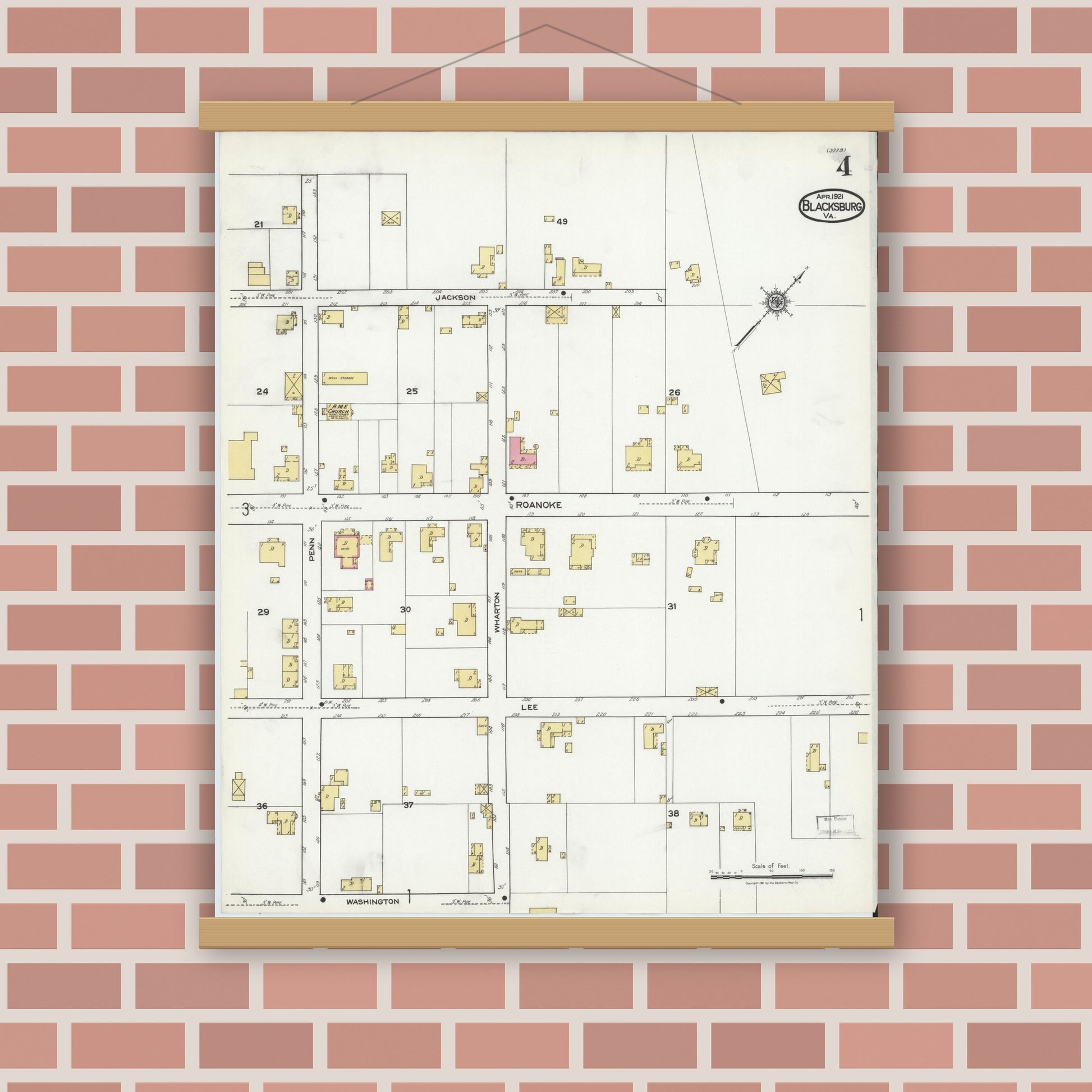 Old map wall art mockup — magnetic wood frame on brick wall — Sanborn Fire Insurance Map from Blacksburg, Montgomery County, Virginia (1921), Sheet #0004