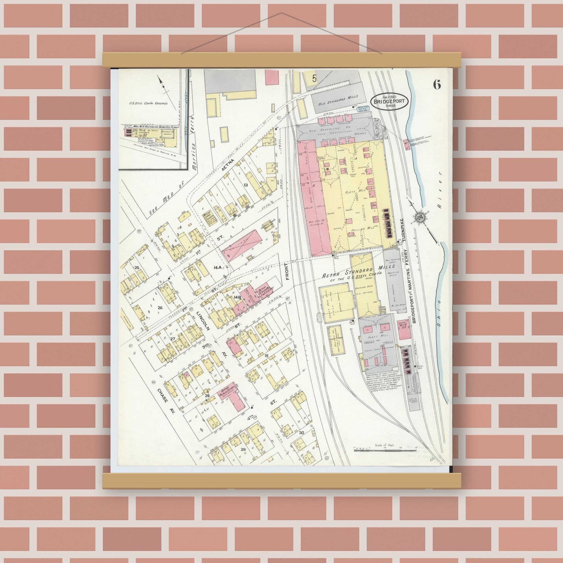 Old map wall art mockup — magnetic wood frame on brick wall — Sanborn Fire Insurance Map from Bridgeport, Belmont County, Ohio (1910), Sheet #0006