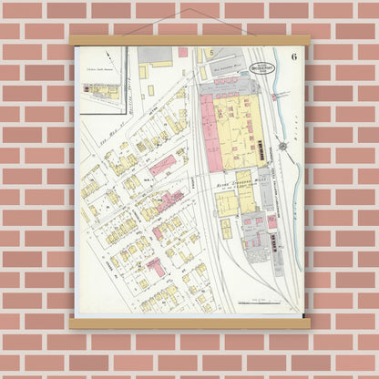 Old map wall art mockup — magnetic wood frame on brick wall — Sanborn Fire Insurance Map from Bridgeport, Belmont County, Ohio (1910), Sheet #0006