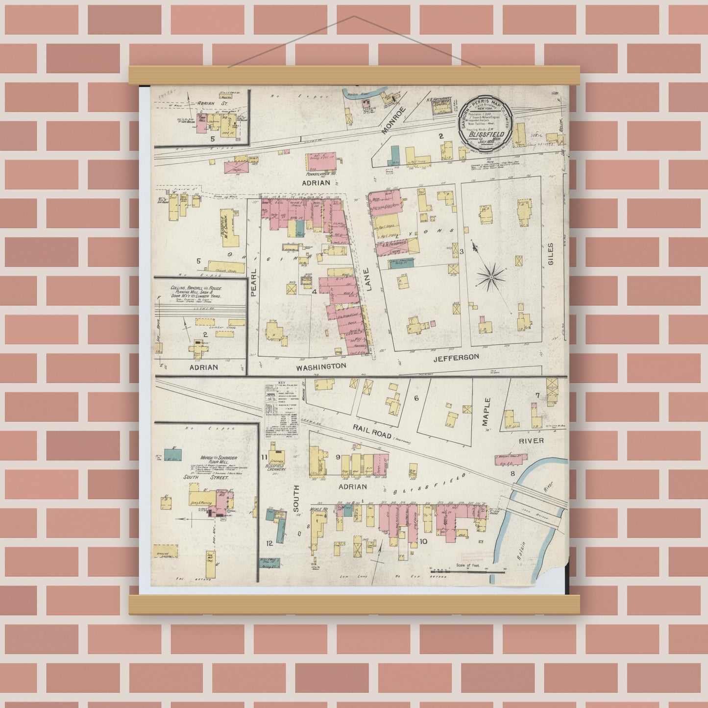 Old map wall art mockup — magnetic wood frame on brick wall — Sanborn Fire Insurance Map from Blissfield, Lenawee County, Michigan (1893), Sheet #0001