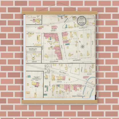 Old map wall art mockup — magnetic wood frame on brick wall — Sanborn Fire Insurance Map from Blissfield, Lenawee County, Michigan (1893), Sheet #0001