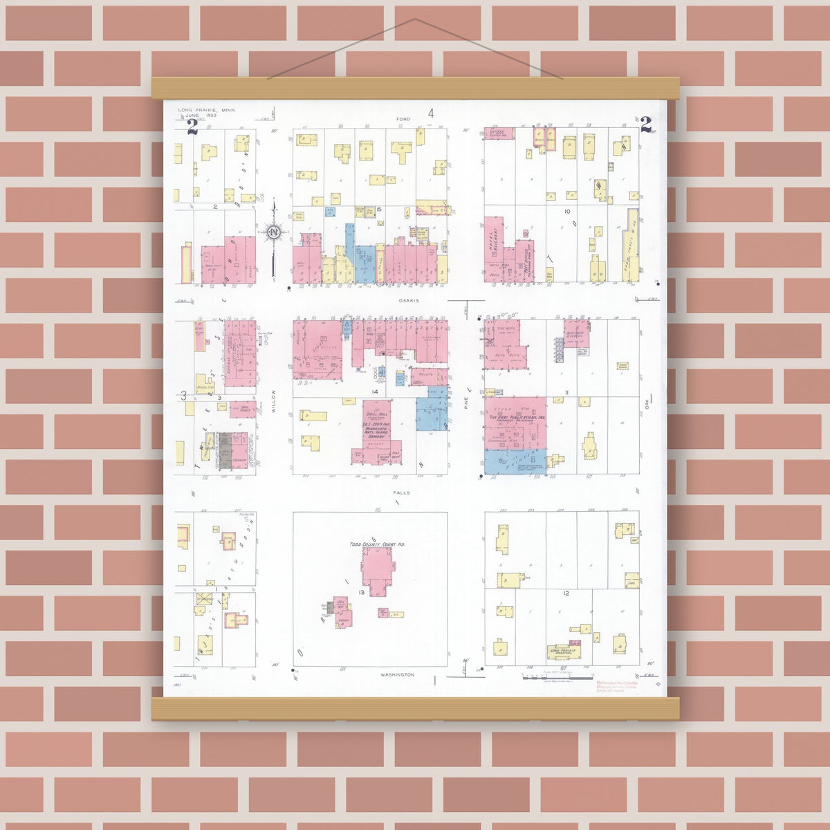 Old map wall art mockup — magnetic wood frame on brick wall — Sanborn Fire Insurance Map from Long Prairie, Todd County, Minnesota (1933), Sheet #0002