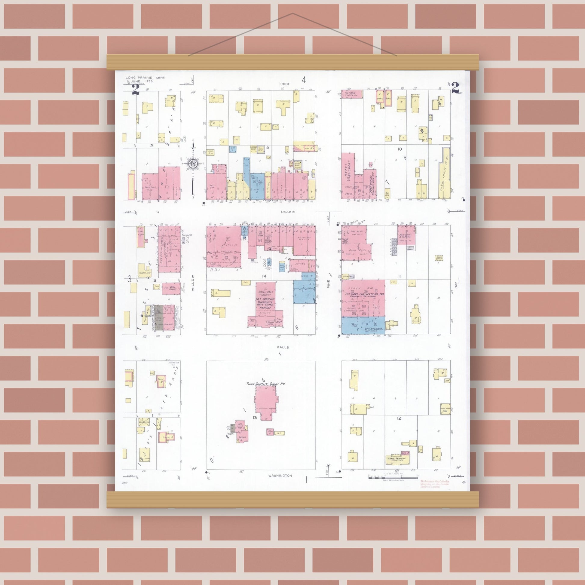 Old map wall art mockup — magnetic wood frame on brick wall — Sanborn Fire Insurance Map from Long Prairie, Todd County, Minnesota (1933), Sheet #0002