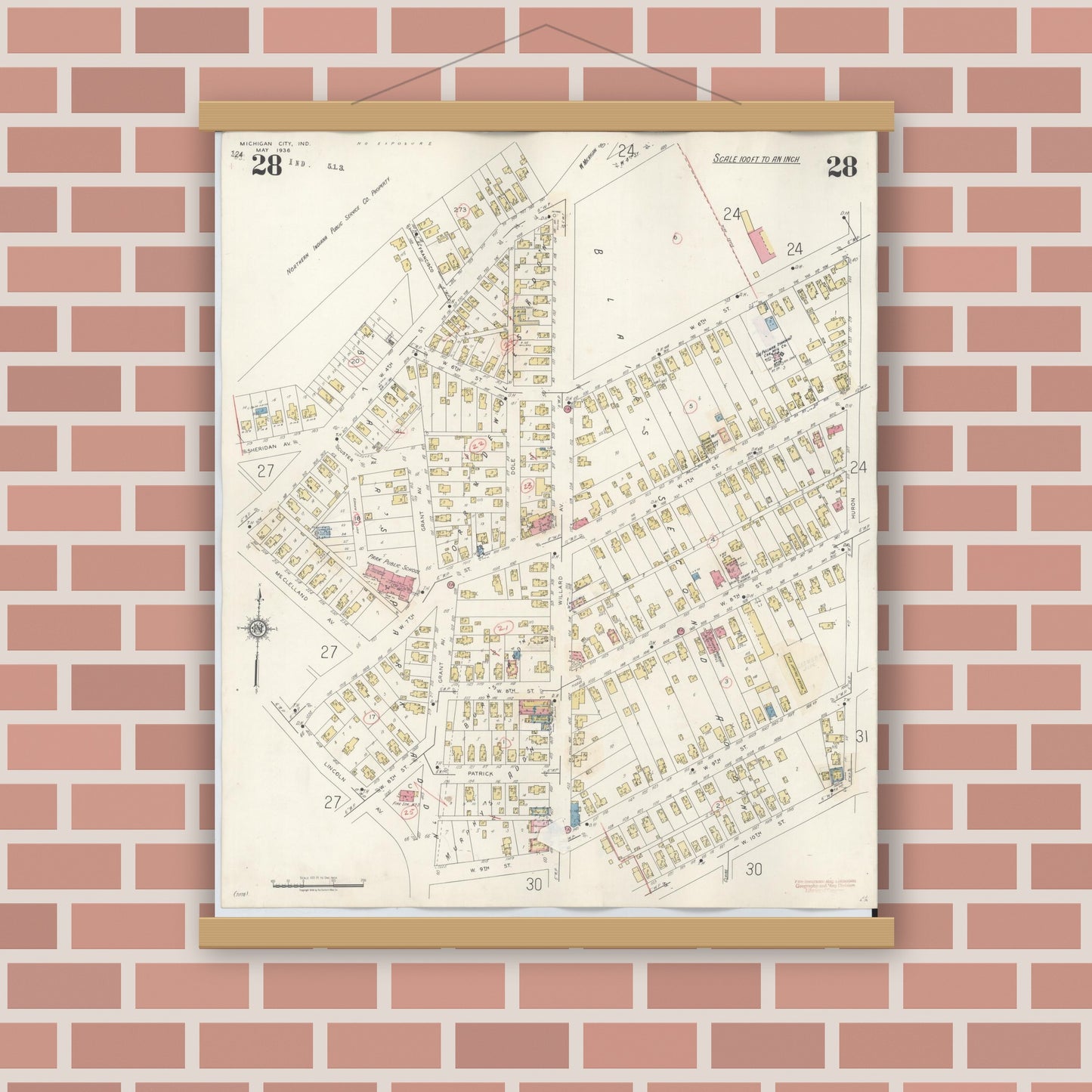 Old map wall art mockup — magnetic wood frame on brick wall — Sanborn Fire Insurance Map from Michigan City, La Porte County, Indiana (1948), Sheet #0028