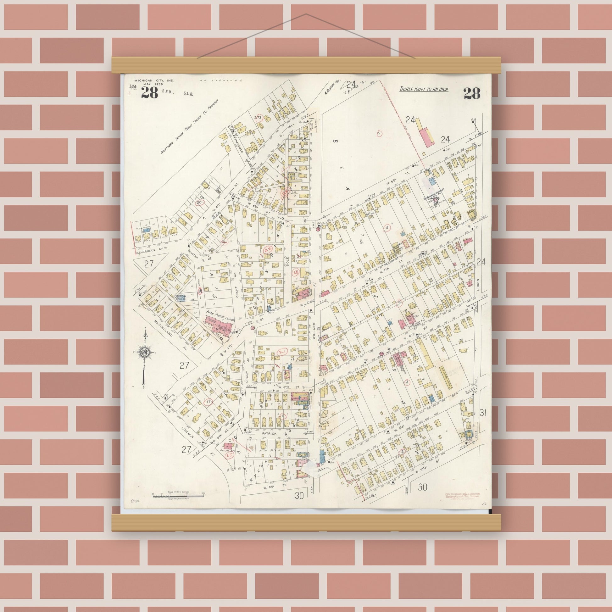 Old map wall art mockup — magnetic wood frame on brick wall — Sanborn Fire Insurance Map from Michigan City, La Porte County, Indiana (1948), Sheet #0028