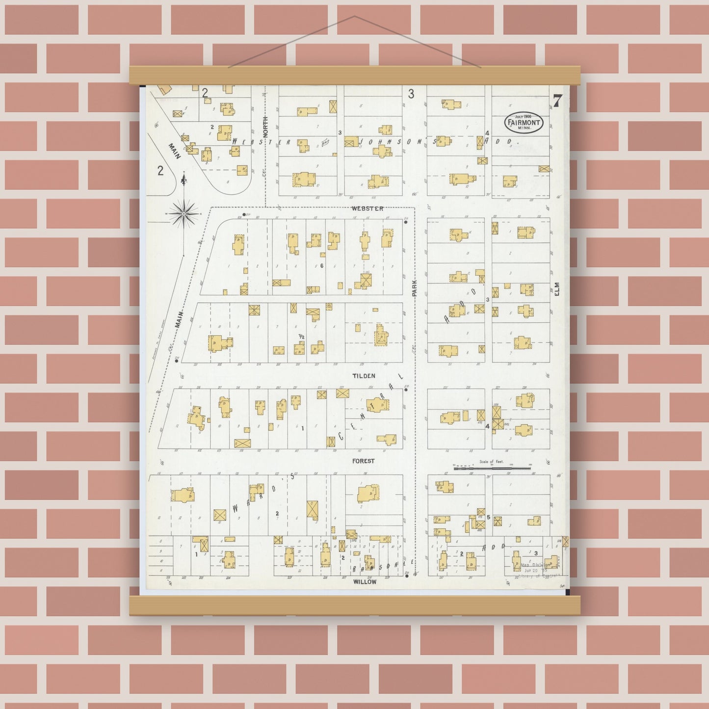 Old map wall art mockup — magnetic wood frame on brick wall — Sanborn Fire Insurance Map from Fairmont, Martin County, Minnesota (1900), Sheet #0007
