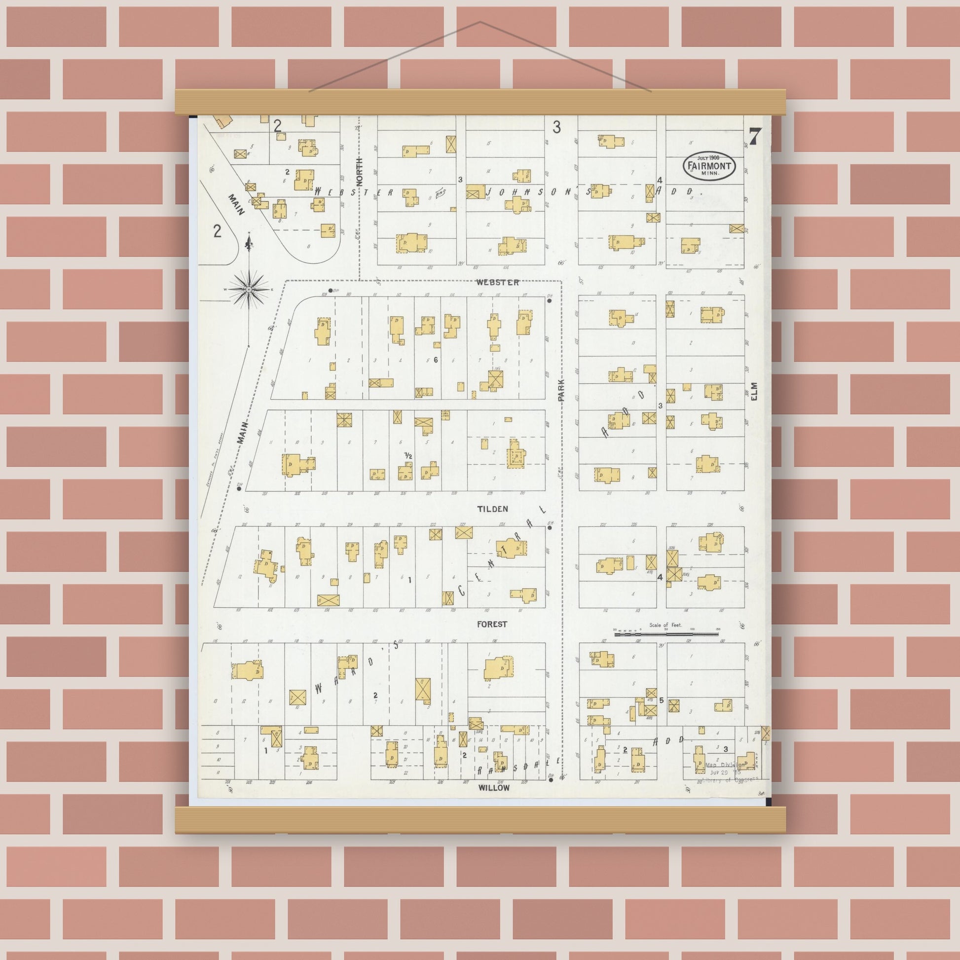 Old map wall art mockup — magnetic wood frame on brick wall — Sanborn Fire Insurance Map from Fairmont, Martin County, Minnesota (1900), Sheet #0007