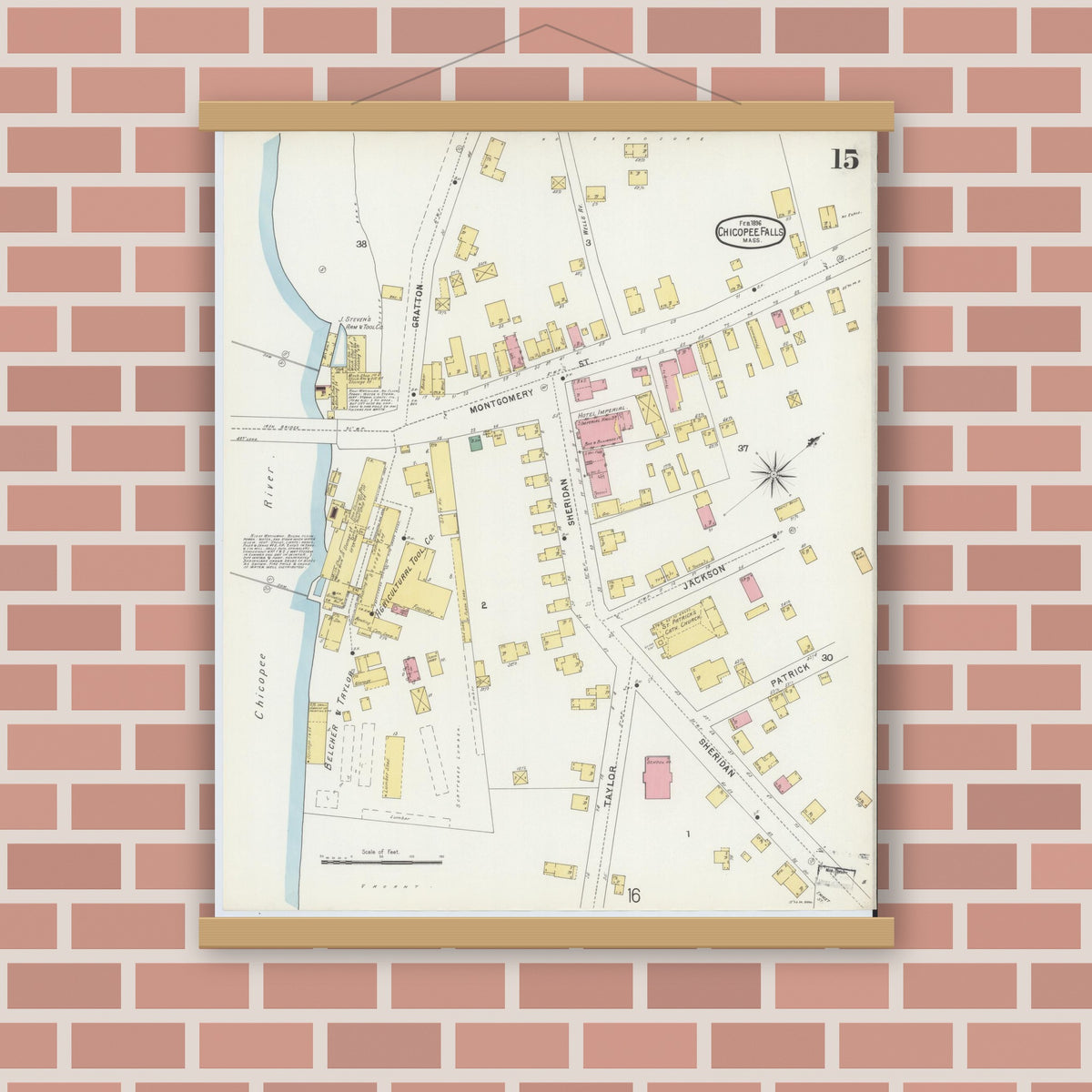 Old map wall art mockup — magnetic wood frame on brick wall — Sanborn Fire Insurance Map from Chicopee, Hampden County, Massachusetts (1896), Sheet #0015