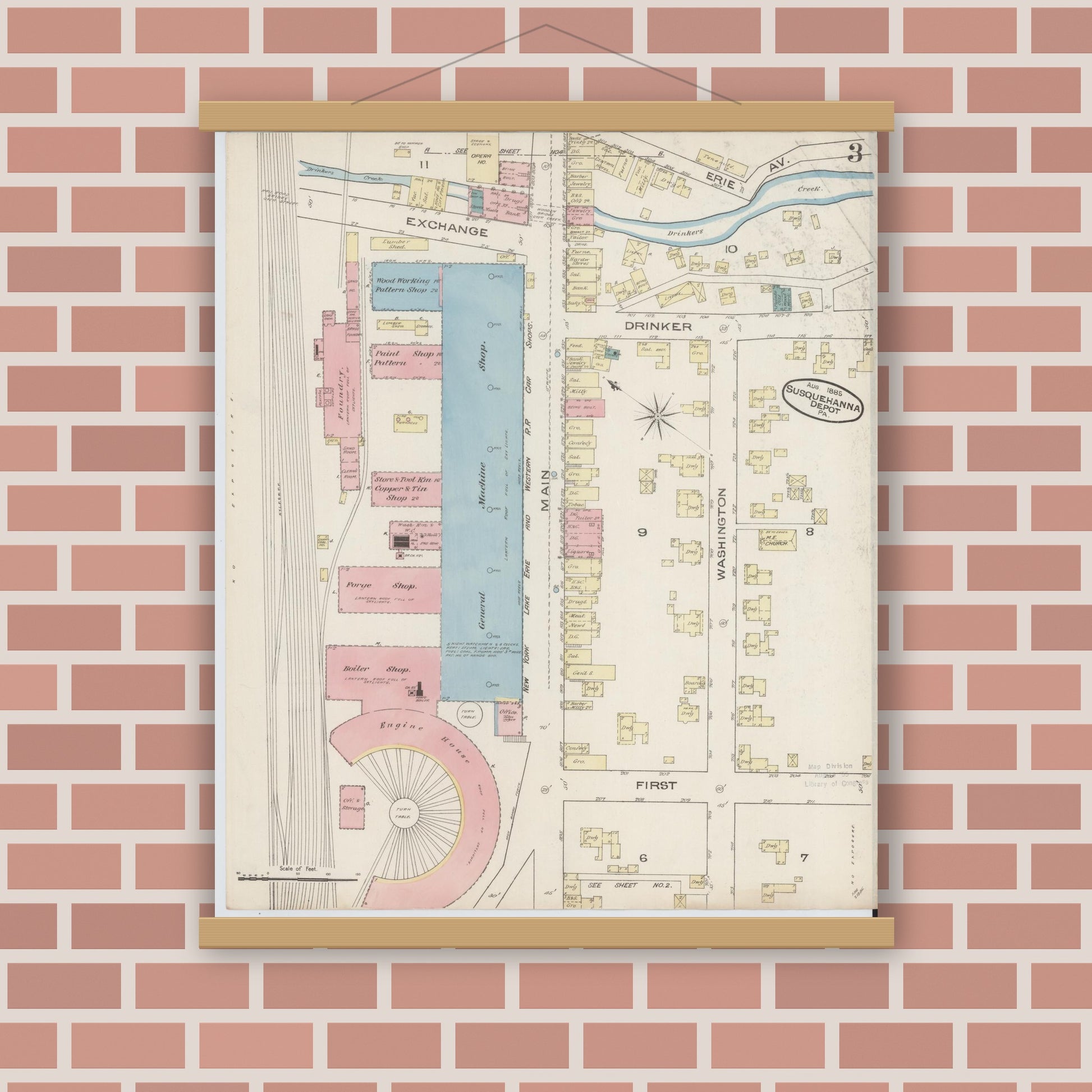 Old map wall art mockup — magnetic wood frame on brick wall — Sanborn Fire Insurance Map from Susquehanna, Susquehanna County, Pennsylvania (1885), Sheet #0003