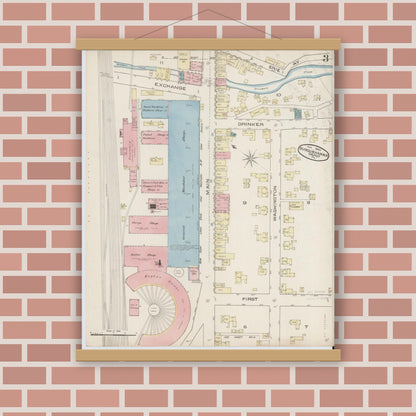 Old map wall art mockup — magnetic wood frame on brick wall — Sanborn Fire Insurance Map from Susquehanna, Susquehanna County, Pennsylvania (1885), Sheet #0003
