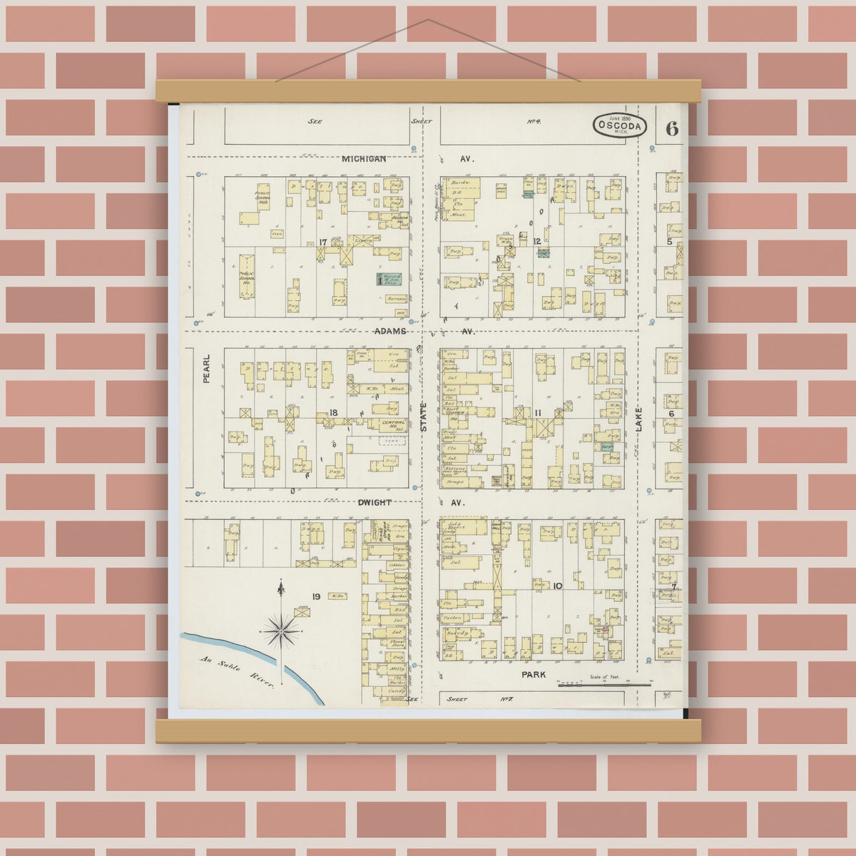 Old map wall art mockup — magnetic wood frame on brick wall — Sanborn Fire Insurance Map from Oscoda, Iosco County, Michigan (1890), Sheet #0006