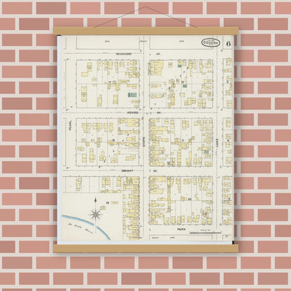 Old map wall art mockup — magnetic wood frame on brick wall — Sanborn Fire Insurance Map from Oscoda, Iosco County, Michigan (1890), Sheet #0006