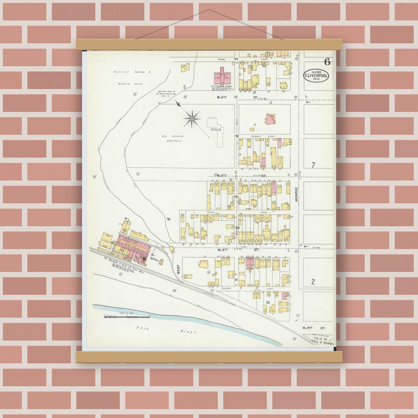 Old map wall art mockup — magnetic wood frame on brick wall — Sanborn Fire Insurance Map from East Liverpool, Columbiana County, Ohio (1903), Sheet #0006