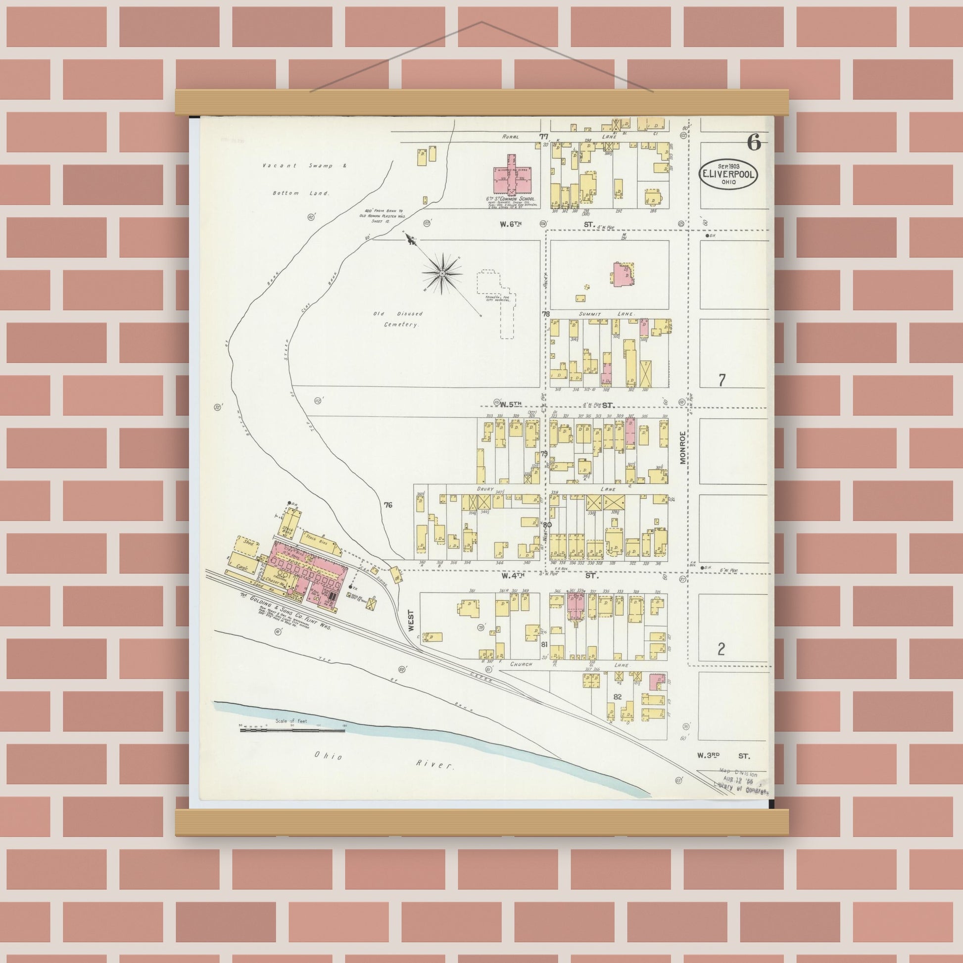 Old map wall art mockup — magnetic wood frame on brick wall — Sanborn Fire Insurance Map from East Liverpool, Columbiana County, Ohio (1903), Sheet #0006