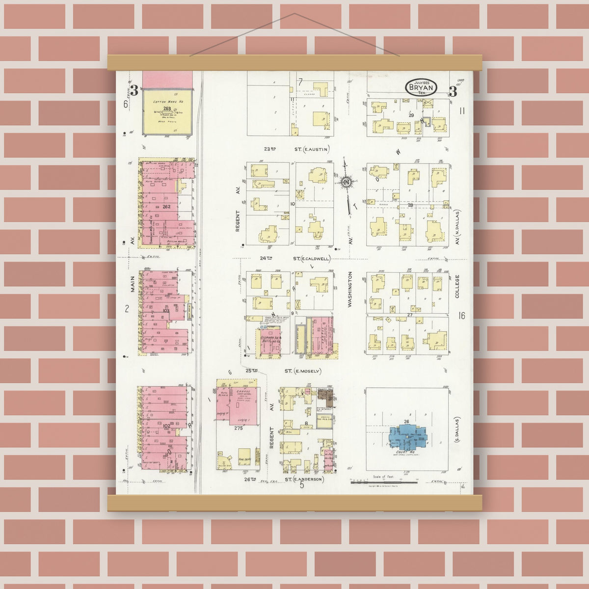 Old map wall art mockup — magnetic wood frame on brick wall — Sanborn Fire Insurance Map from Bryan, Brazos County, Texas (1925), Sheet #0003