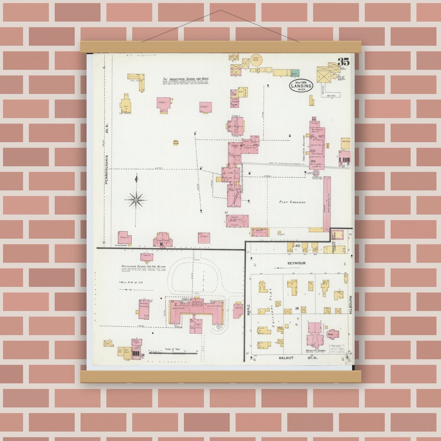 Old map wall art mockup — magnetic wood frame on brick wall — Sanborn Fire Insurance Map from Lansing, Ingham County, Michigan (1906), Sheet #0035