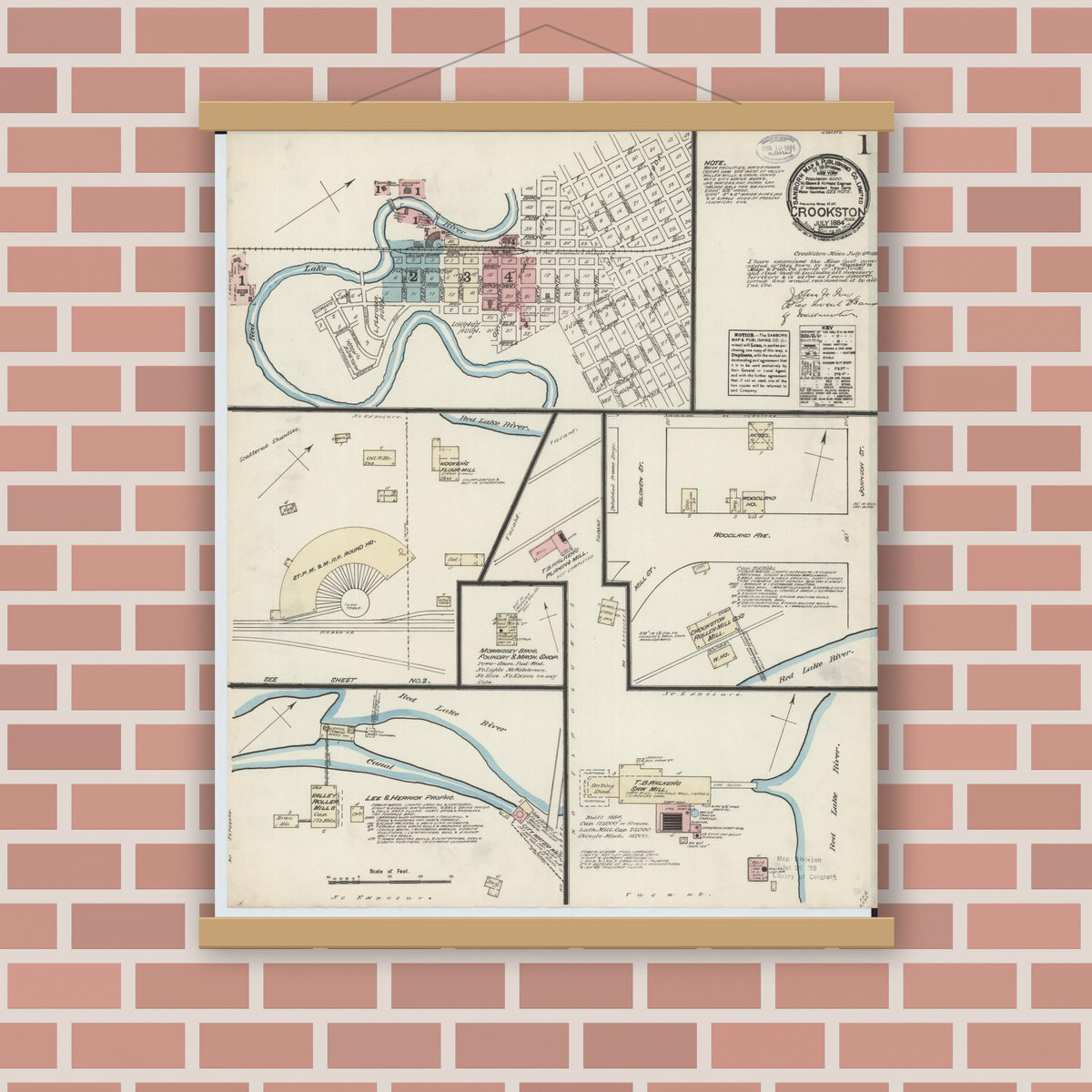 Old map wall art mockup — magnetic wood frame on brick wall — Sanborn Fire Insurance Map from Crookston, Polk County, Minnesota (1884) - Complete Map Set