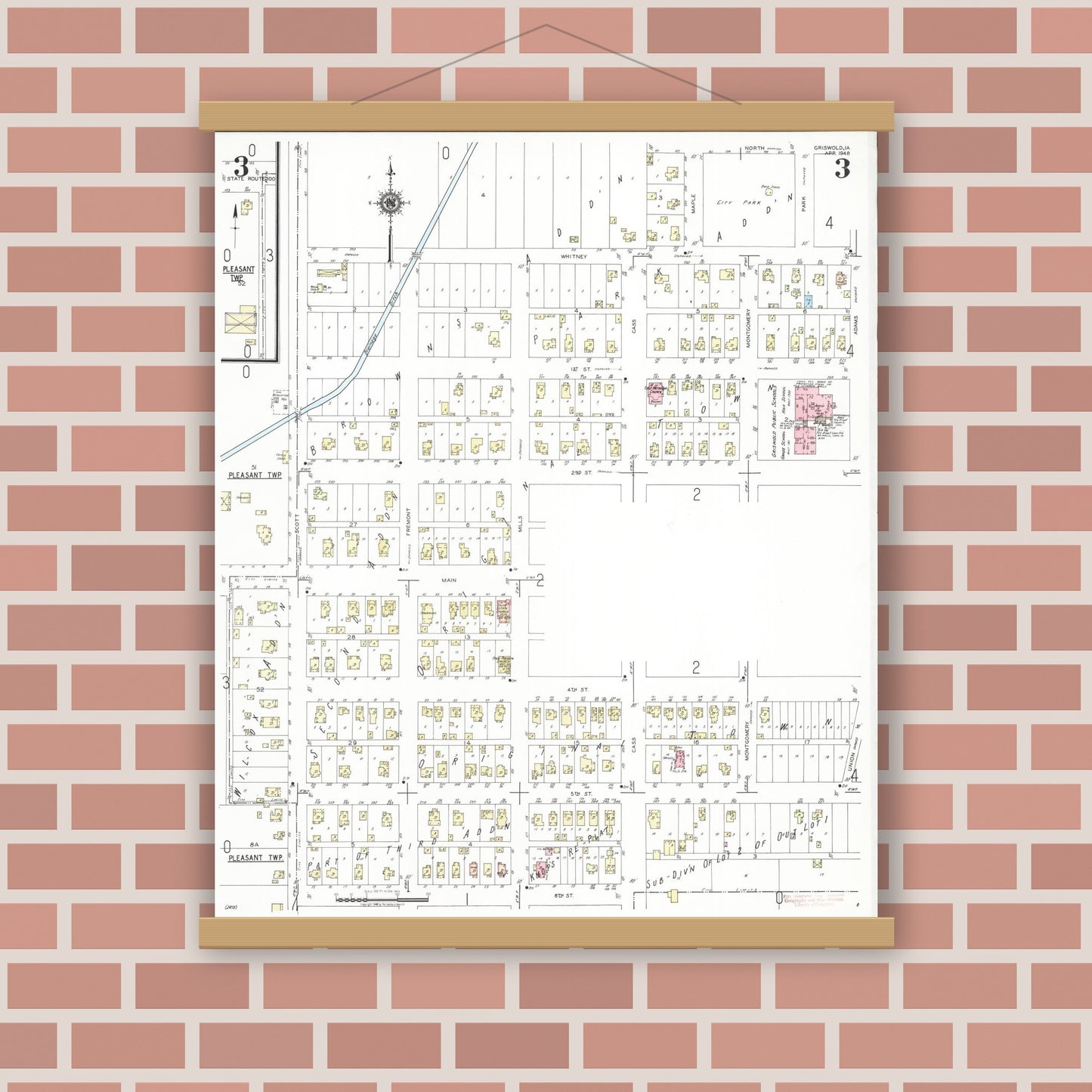 Old map wall art mockup — magnetic wood frame on brick wall — Sanborn Fire Insurance Map from Griswold, Cass County, Iowa (1948), Sheet #0003