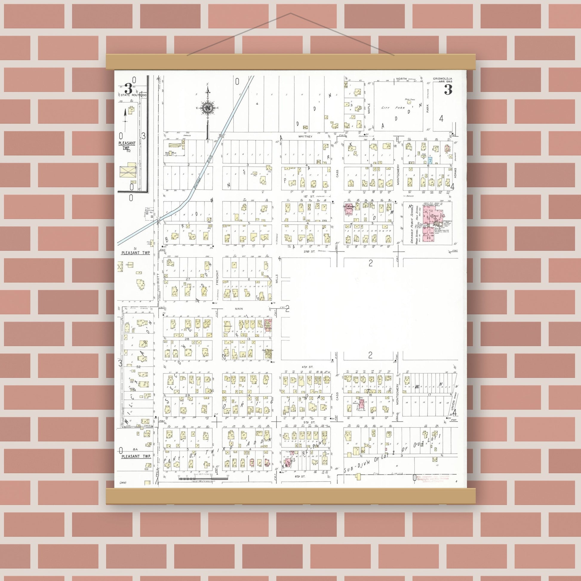 Old map wall art mockup — magnetic wood frame on brick wall — Sanborn Fire Insurance Map from Griswold, Cass County, Iowa (1948), Sheet #0003
