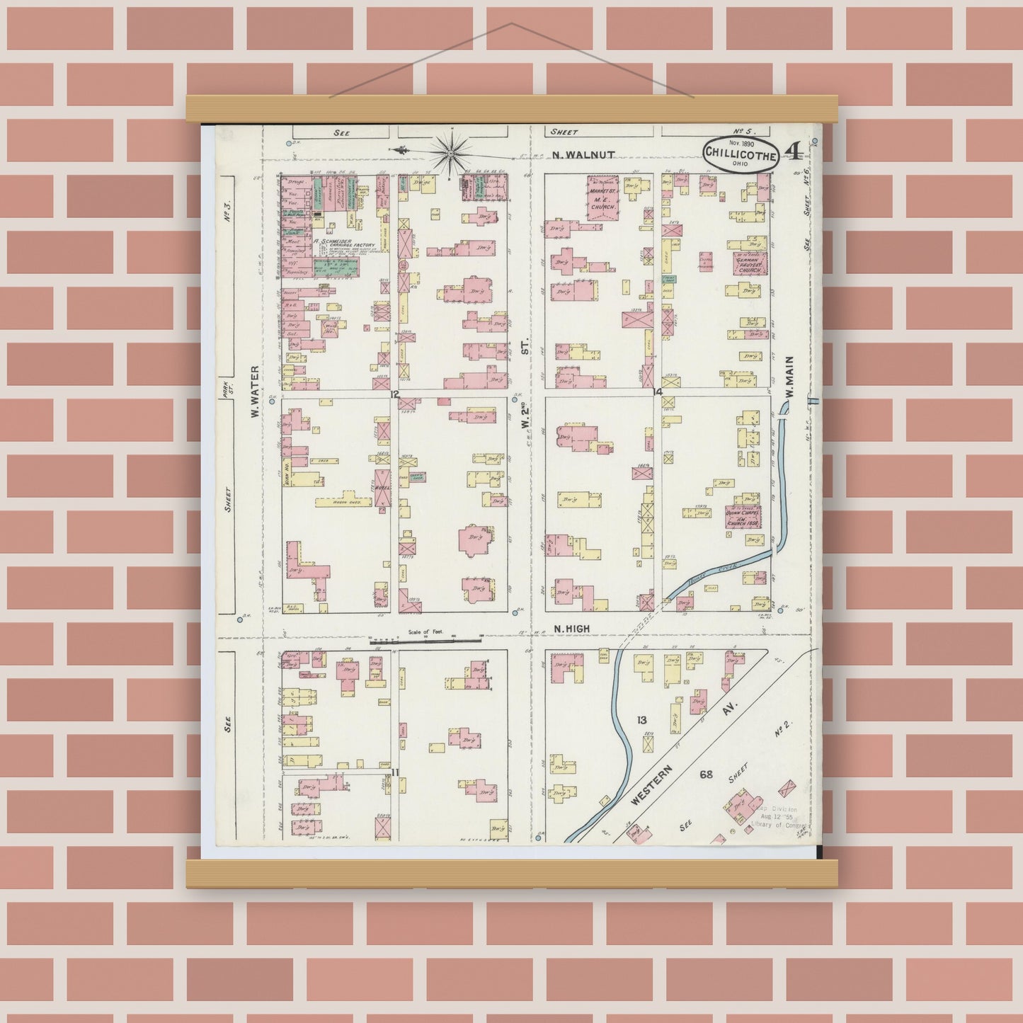 Old map wall art mockup — magnetic wood frame on brick wall — Sanborn Fire Insurance Map from Chillicothe, Ross County, Ohio (1890), Sheet #0004