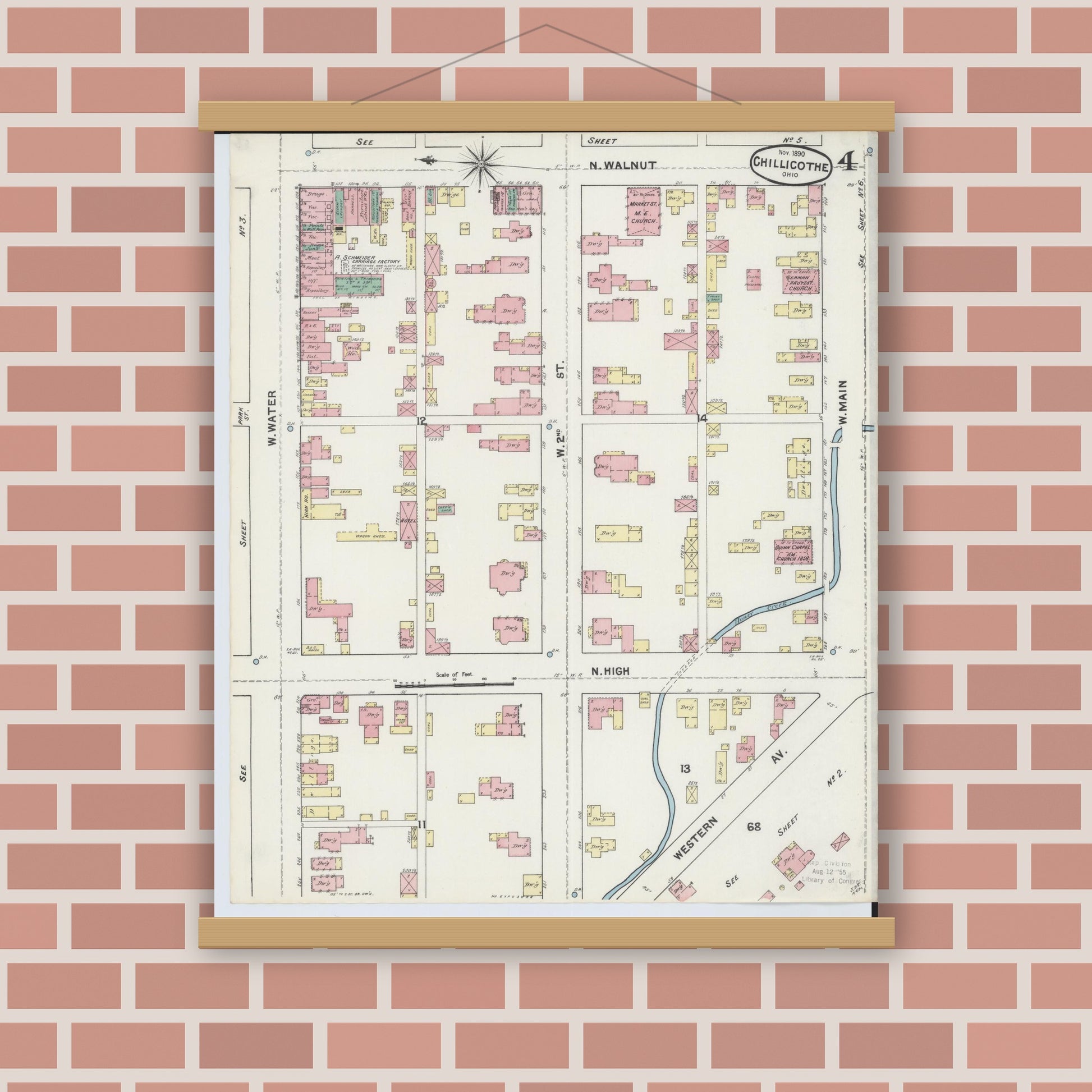Old map wall art mockup — magnetic wood frame on brick wall — Sanborn Fire Insurance Map from Chillicothe, Ross County, Ohio (1890), Sheet #0004