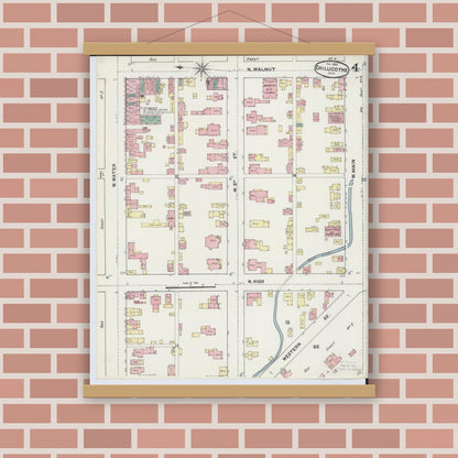 Old map wall art mockup — magnetic wood frame on brick wall — Sanborn Fire Insurance Map from Chillicothe, Ross County, Ohio (1890), Sheet #0004