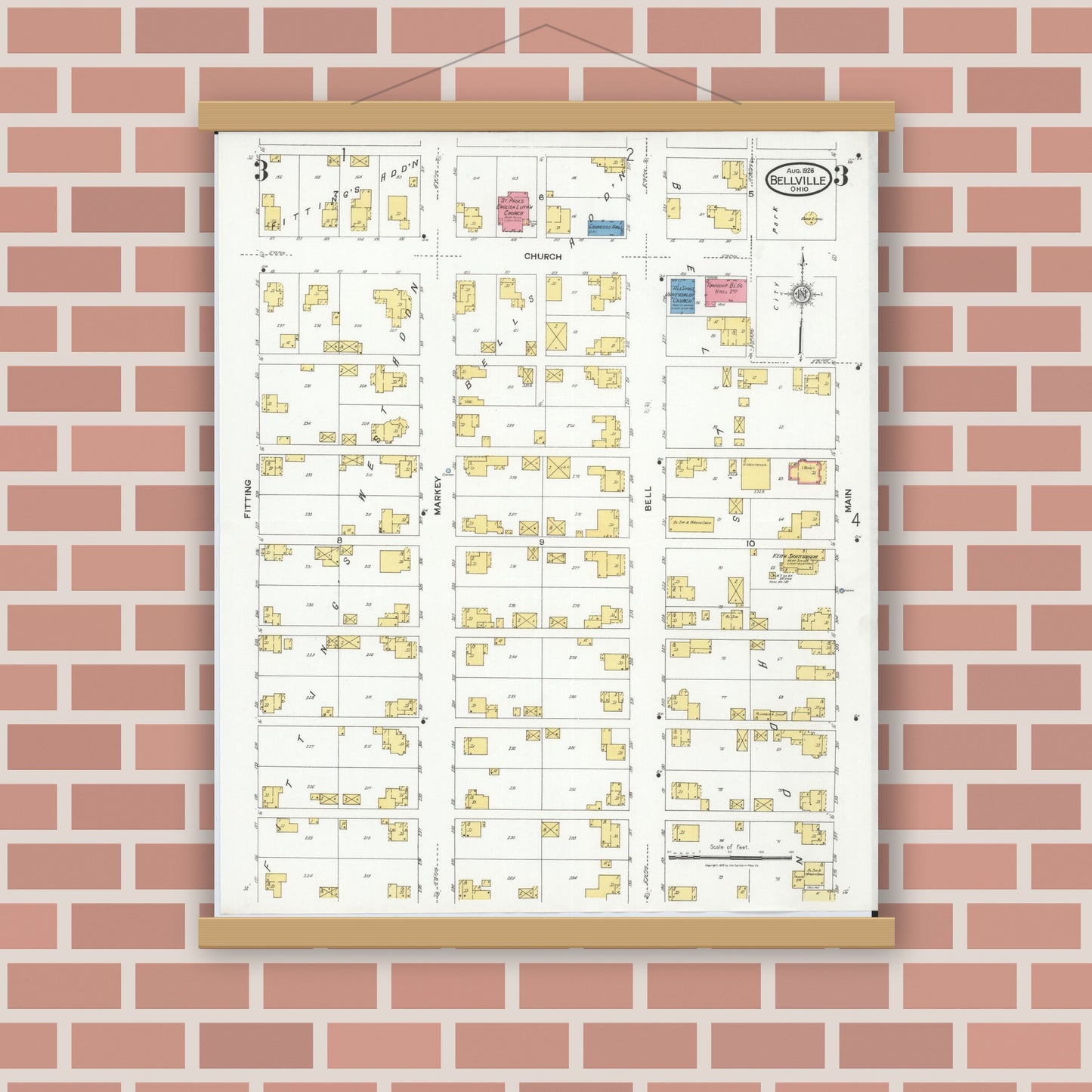 Old map wall art mockup — magnetic wood frame on brick wall — Sanborn Fire Insurance Map from Bellville, Richland County, Ohio (1926), Sheet #0003