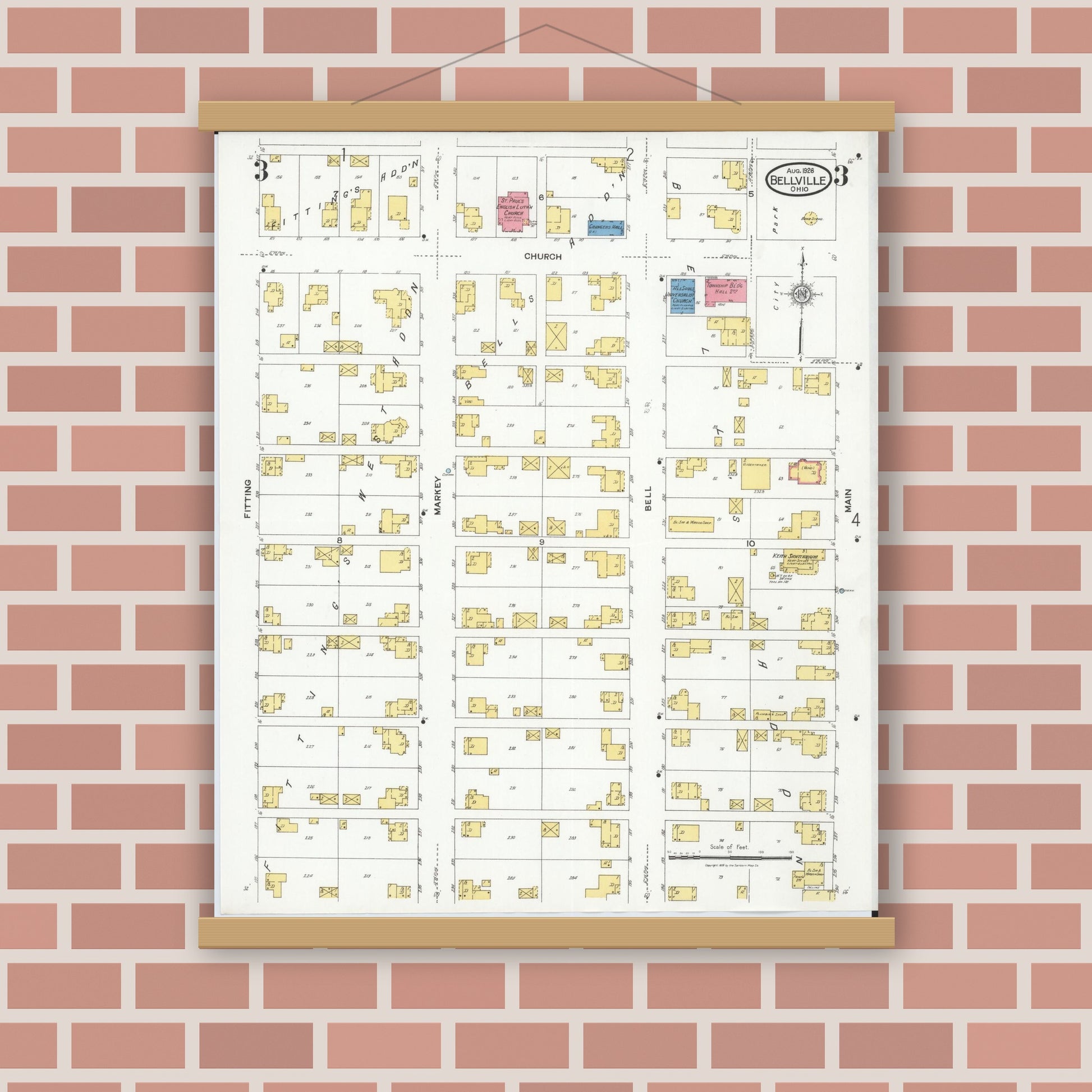 Old map wall art mockup — magnetic wood frame on brick wall — Sanborn Fire Insurance Map from Bellville, Richland County, Ohio (1926), Sheet #0003