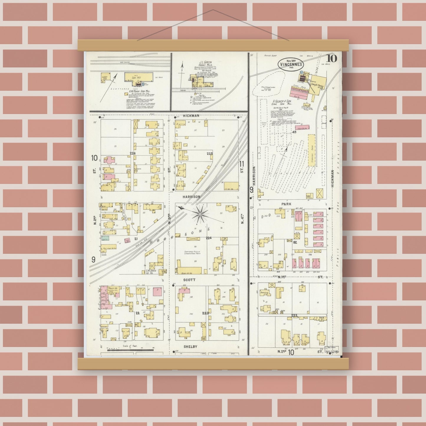 Old map wall art mockup — magnetic wood frame on brick wall — Sanborn Fire Insurance Map from Vincennes, Knox County, Indiana (1897), Sheet #0010