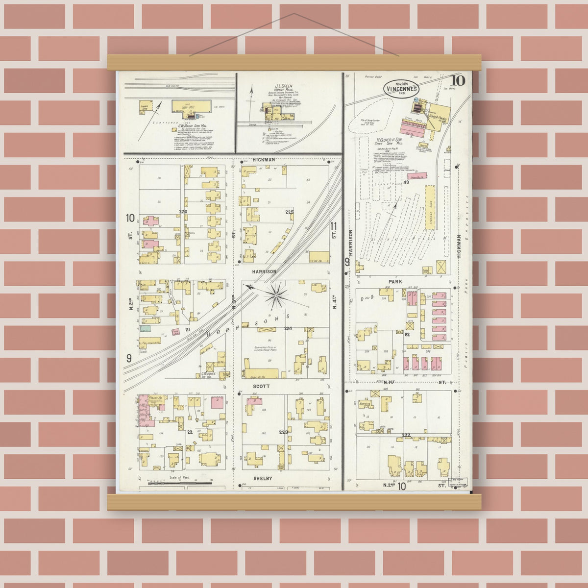 Old map wall art mockup — magnetic wood frame on brick wall — Sanborn Fire Insurance Map from Vincennes, Knox County, Indiana (1897), Sheet #0010