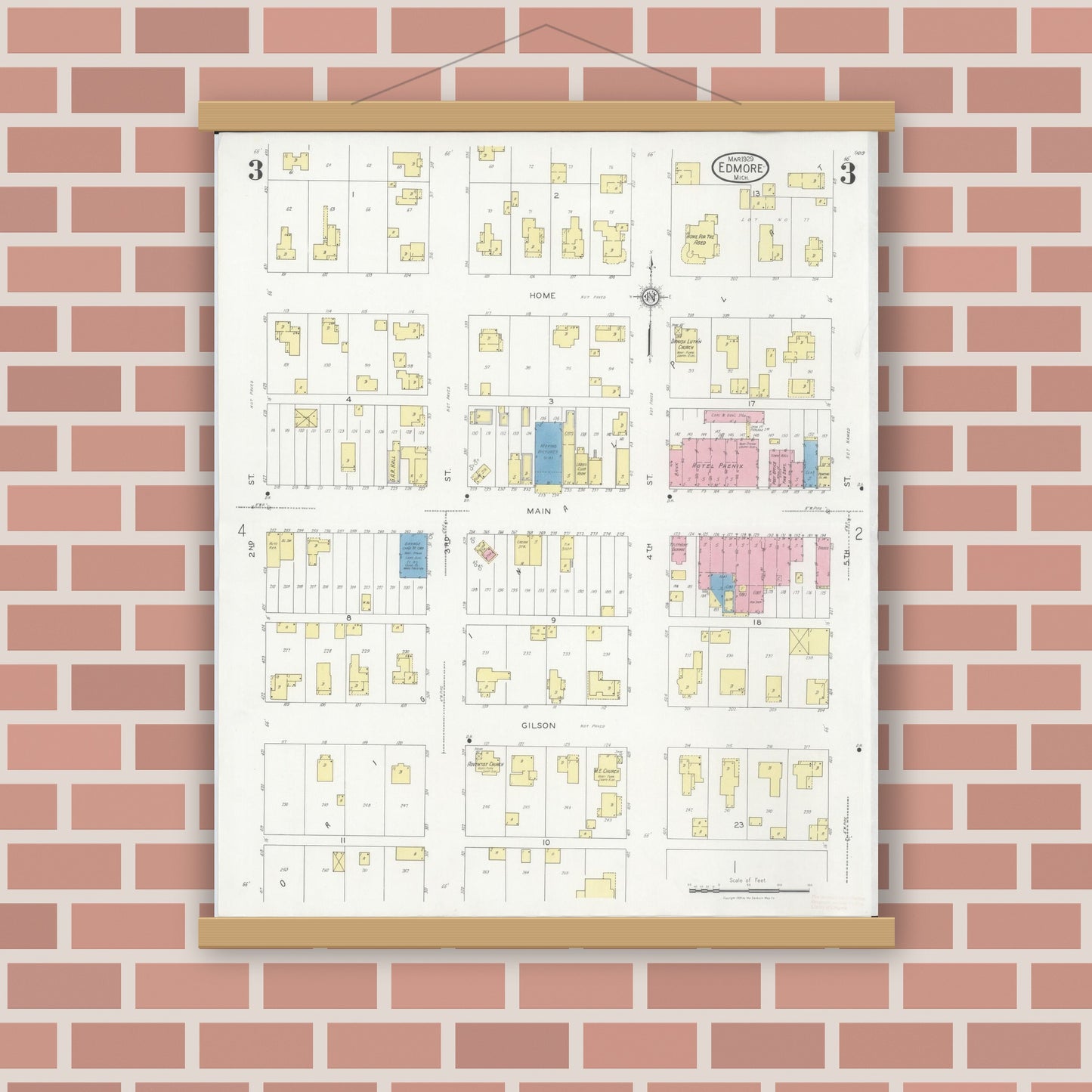 Old map wall art mockup — magnetic wood frame on brick wall — Sanborn Fire Insurance Map from Edmore, Montcalm County, Michigan (1929), Sheet #0003