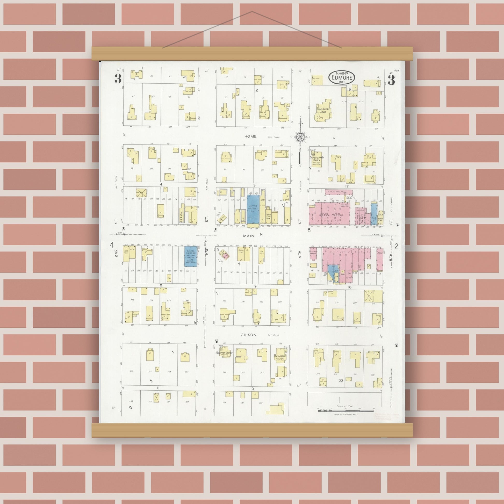 Old map wall art mockup — magnetic wood frame on brick wall — Sanborn Fire Insurance Map from Edmore, Montcalm County, Michigan (1929), Sheet #0003
