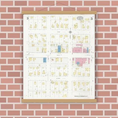Old map wall art mockup — magnetic wood frame on brick wall — Sanborn Fire Insurance Map from Edmore, Montcalm County, Michigan (1929), Sheet #0003