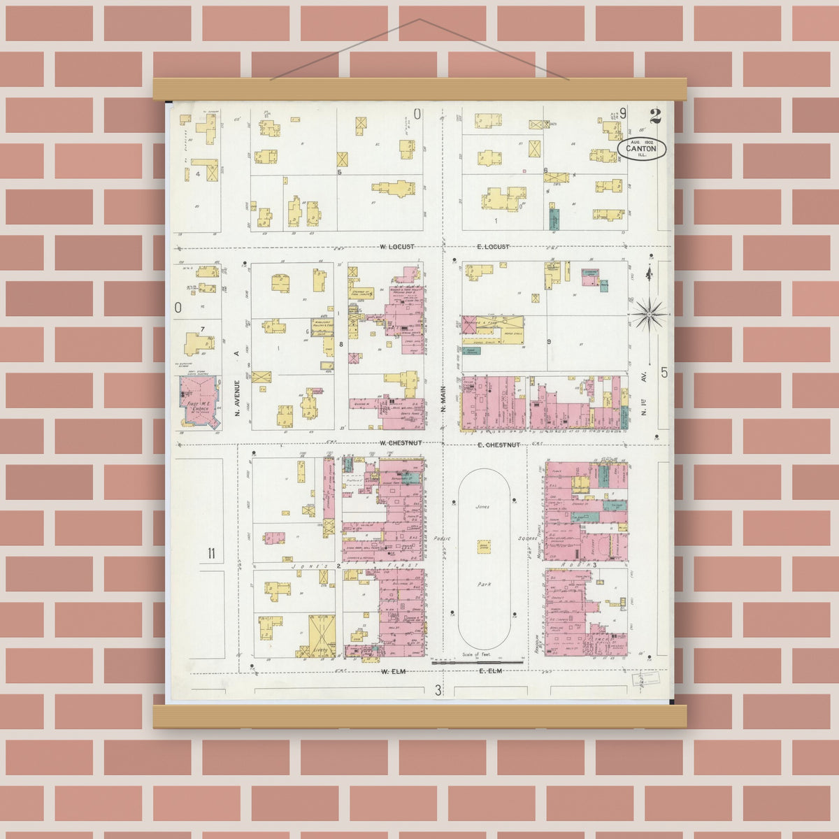 Old map wall art mockup — magnetic wood frame on brick wall — Sanborn Fire Insurance Map from Canton, Fulton County, Illinois (1902), Sheet #0002