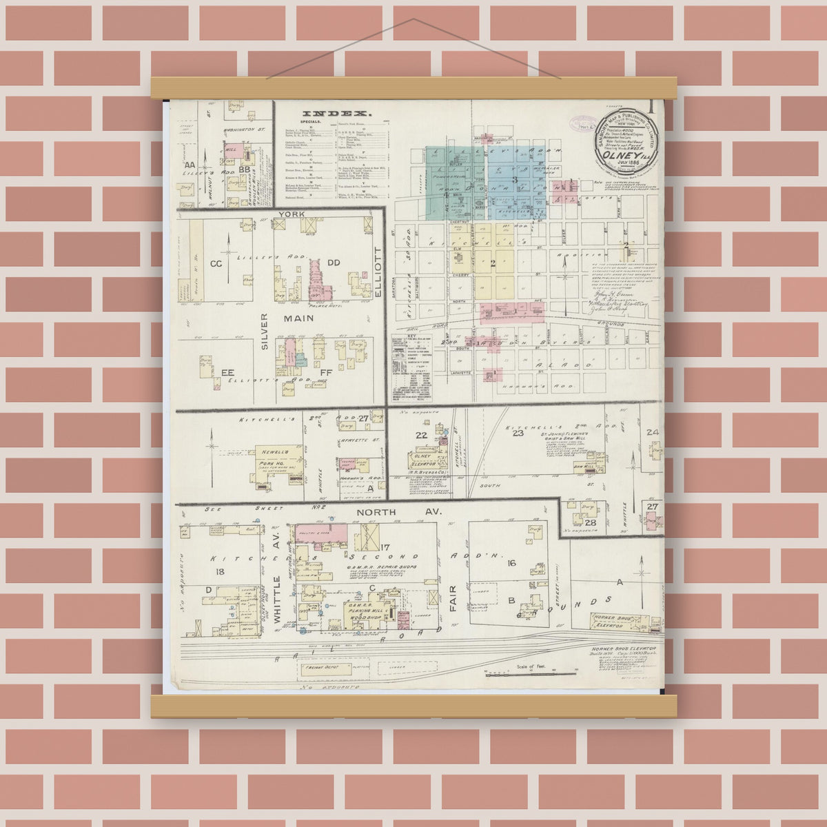 Old map wall art mockup — magnetic wood frame on brick wall — Sanborn Fire Insurance Map from Olney, Richland County, Illinois (1886), Sheet #0001