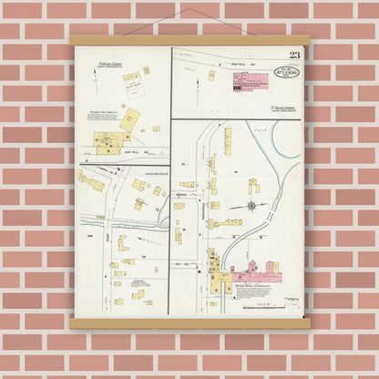 Old map wall art mockup — magnetic wood frame on brick wall — Sanborn Fire Insurance Map from Attleboro, Bristol County, Massachusetts (1911), Sheet #0023