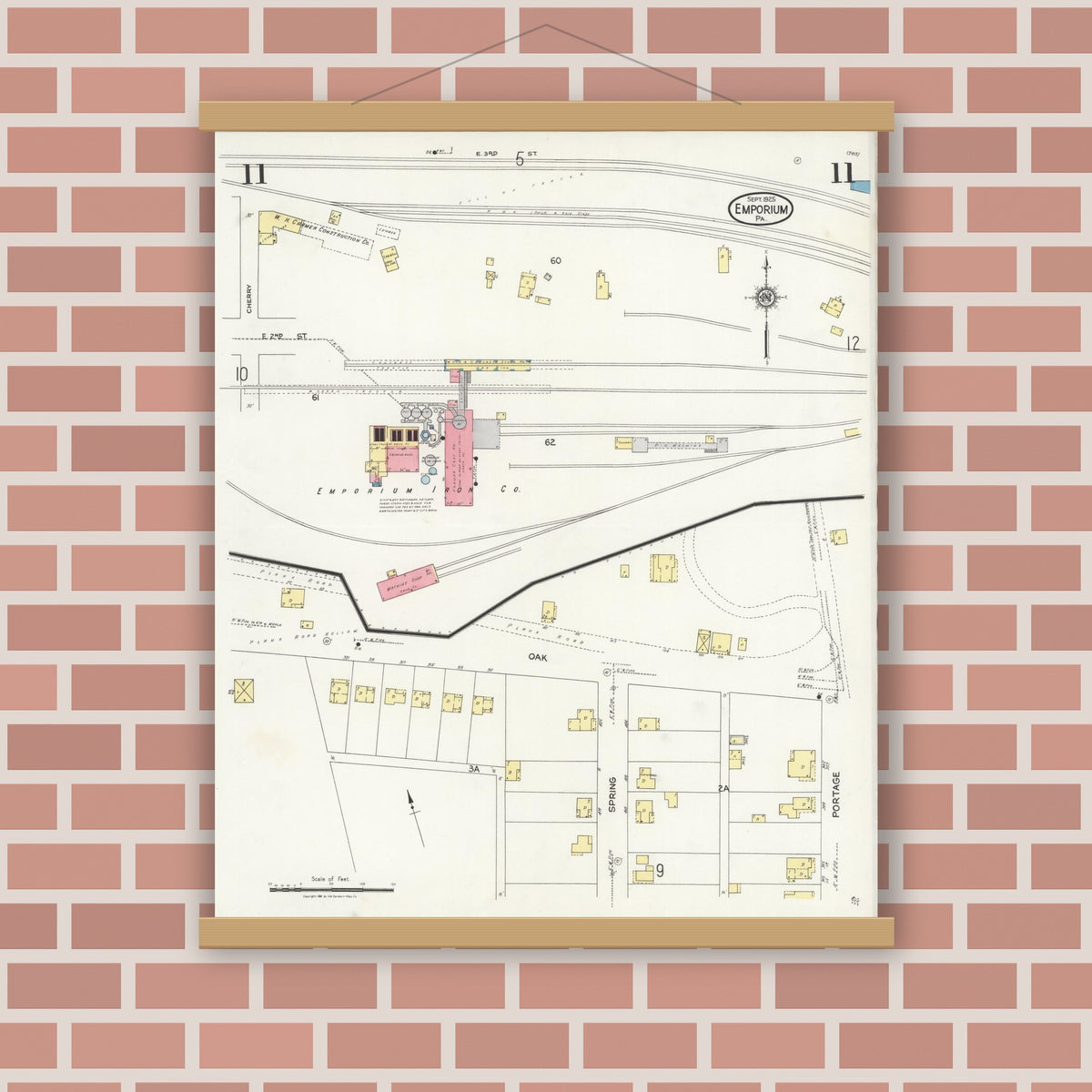Old map wall art mockup — magnetic wood frame on brick wall — Sanborn Fire Insurance Map from Emporium, Cameron County, Pennsylvania (1925), Sheet #0011