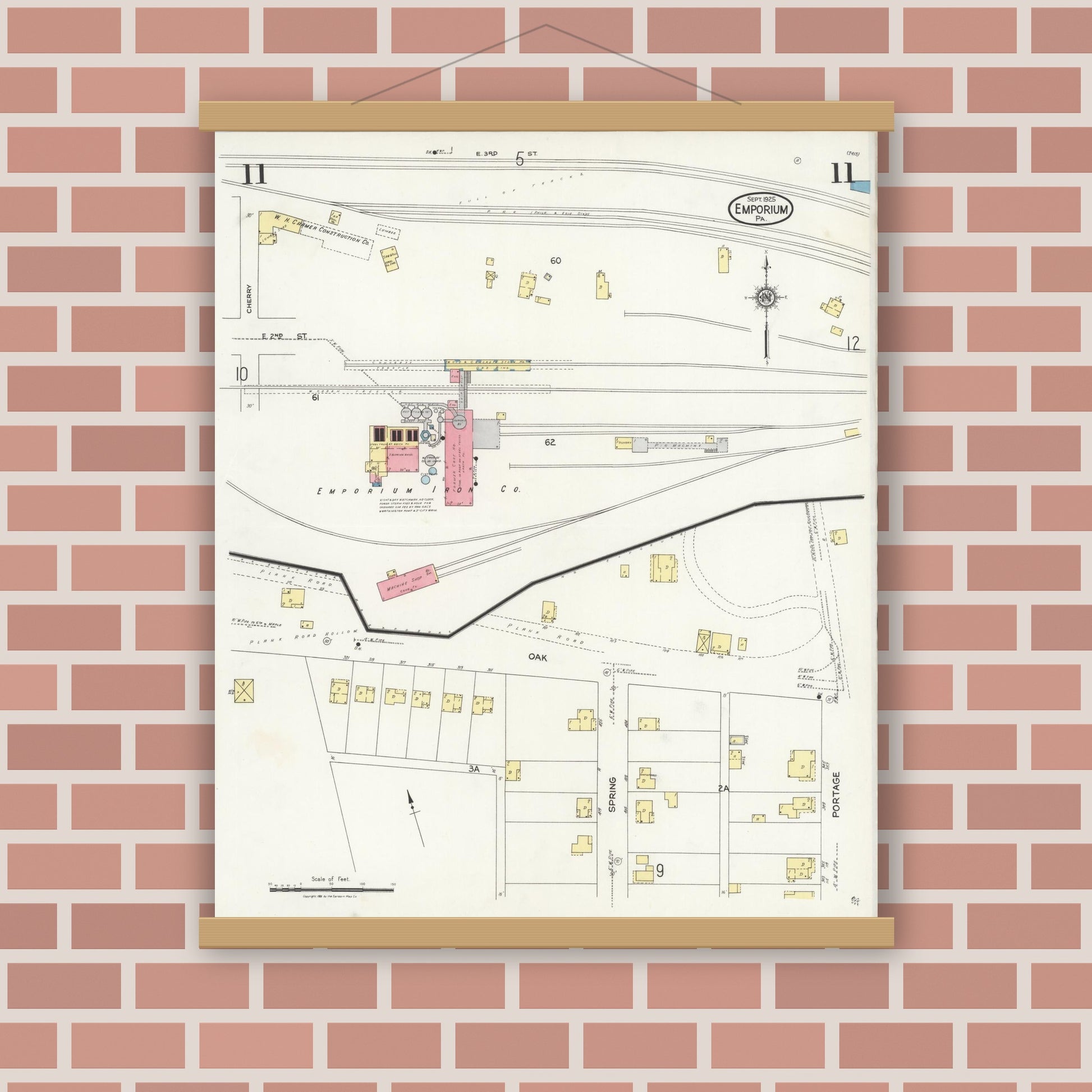 Old map wall art mockup — magnetic wood frame on brick wall — Sanborn Fire Insurance Map from Emporium, Cameron County, Pennsylvania (1925), Sheet #0011