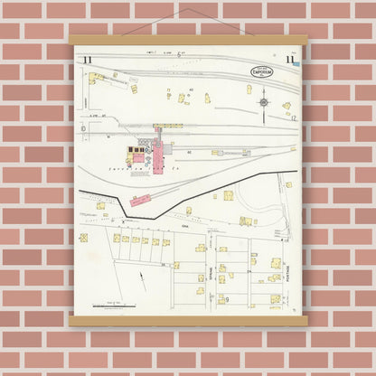 Old map wall art mockup — magnetic wood frame on brick wall — Sanborn Fire Insurance Map from Emporium, Cameron County, Pennsylvania (1925), Sheet #0011