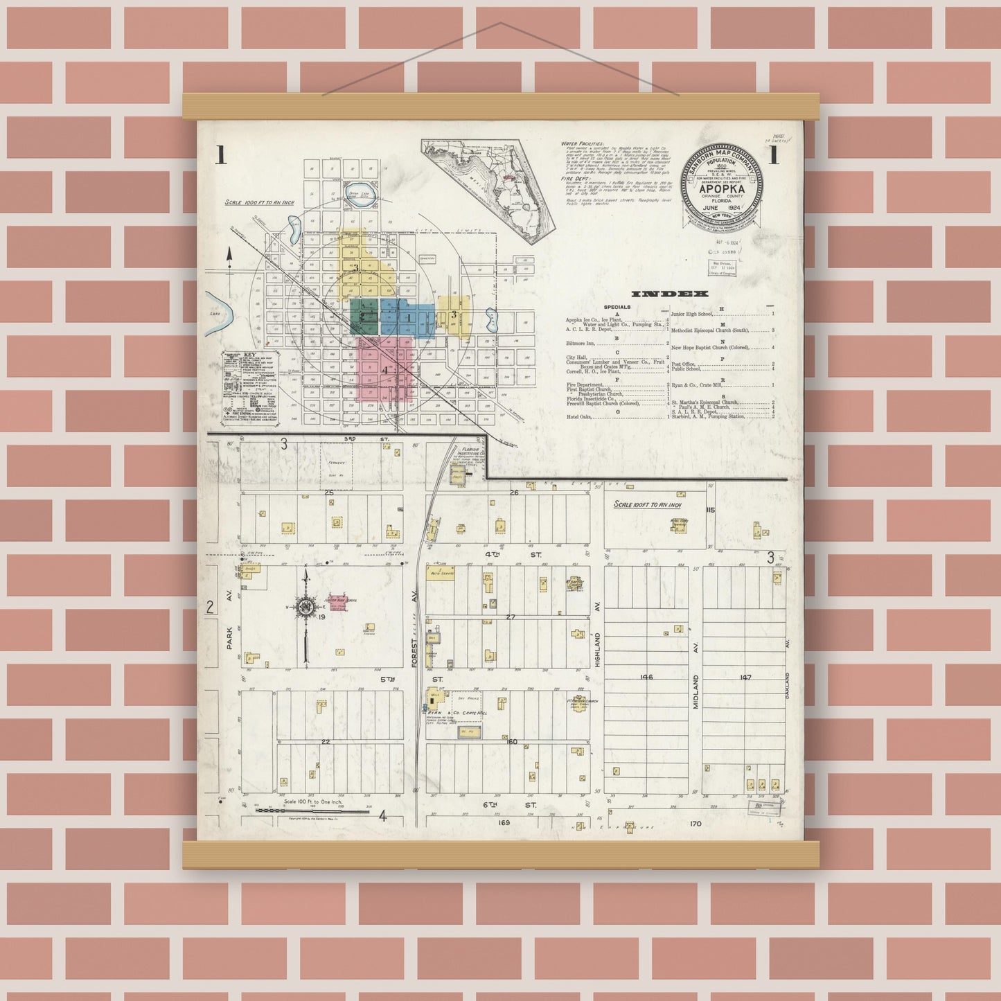 Old map wall art mockup — magnetic wood frame on brick wall — Sanborn Fire Insurance Map from Apopka, Orange County, Florida (1924), Sheet #0001