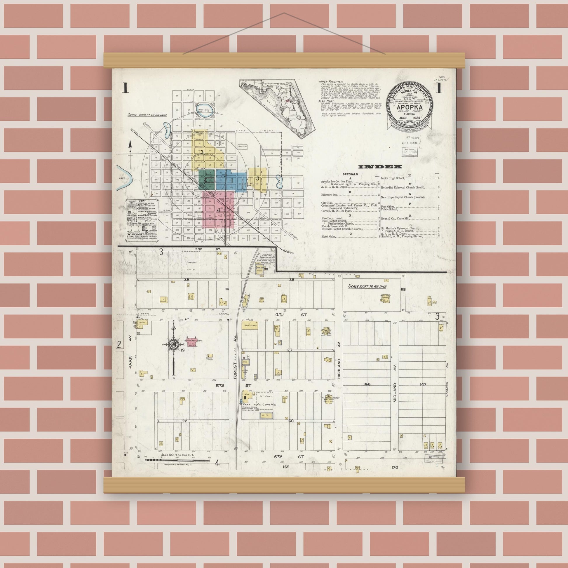 Old map wall art mockup — magnetic wood frame on brick wall — Sanborn Fire Insurance Map from Apopka, Orange County, Florida (1924), Sheet #0001