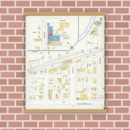 Old map wall art mockup — magnetic wood frame on brick wall — Sanborn Fire Insurance Map from Columbus, Columbia and Dodge County, Wisconsin (1904), Sheet #0002