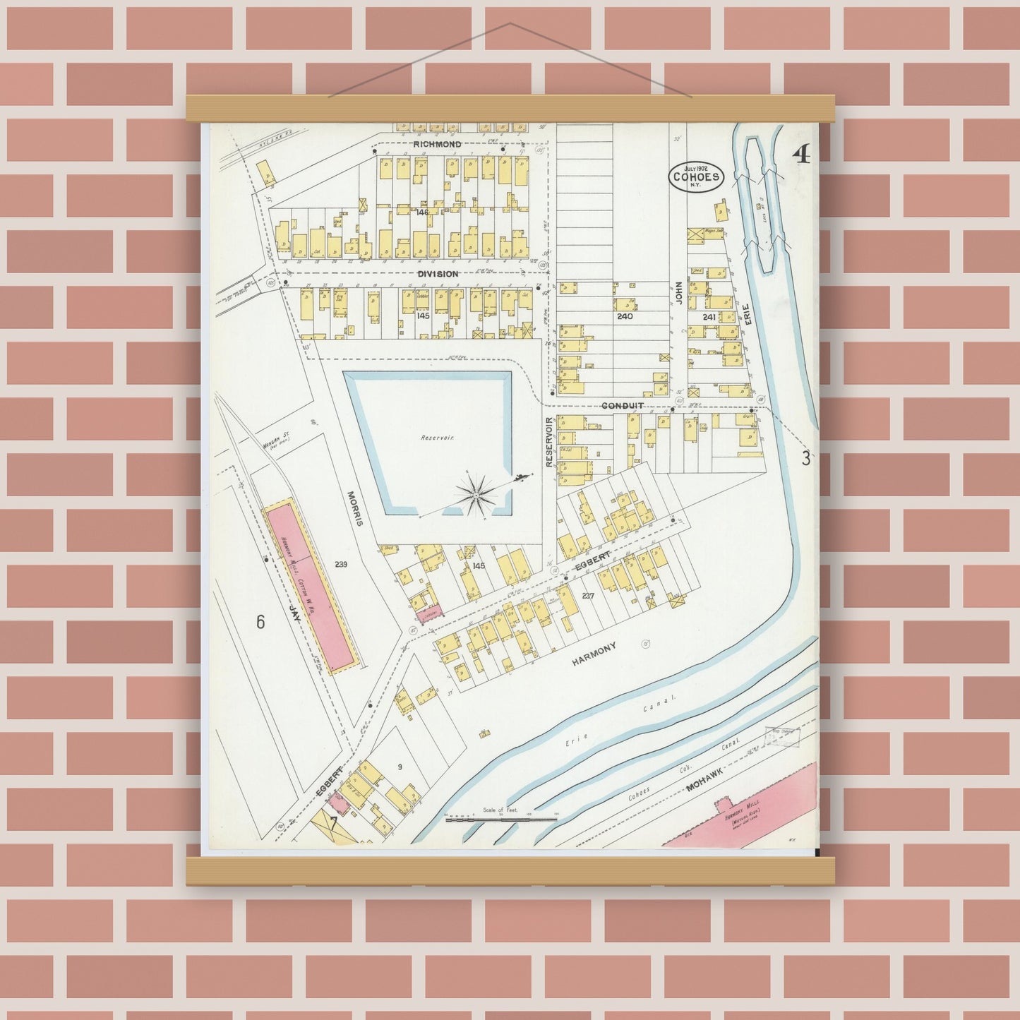 Old map wall art mockup — magnetic wood frame on brick wall — Sanborn Fire Insurance Map from Cohoes, Albany County, New York (1902), Sheet #0004