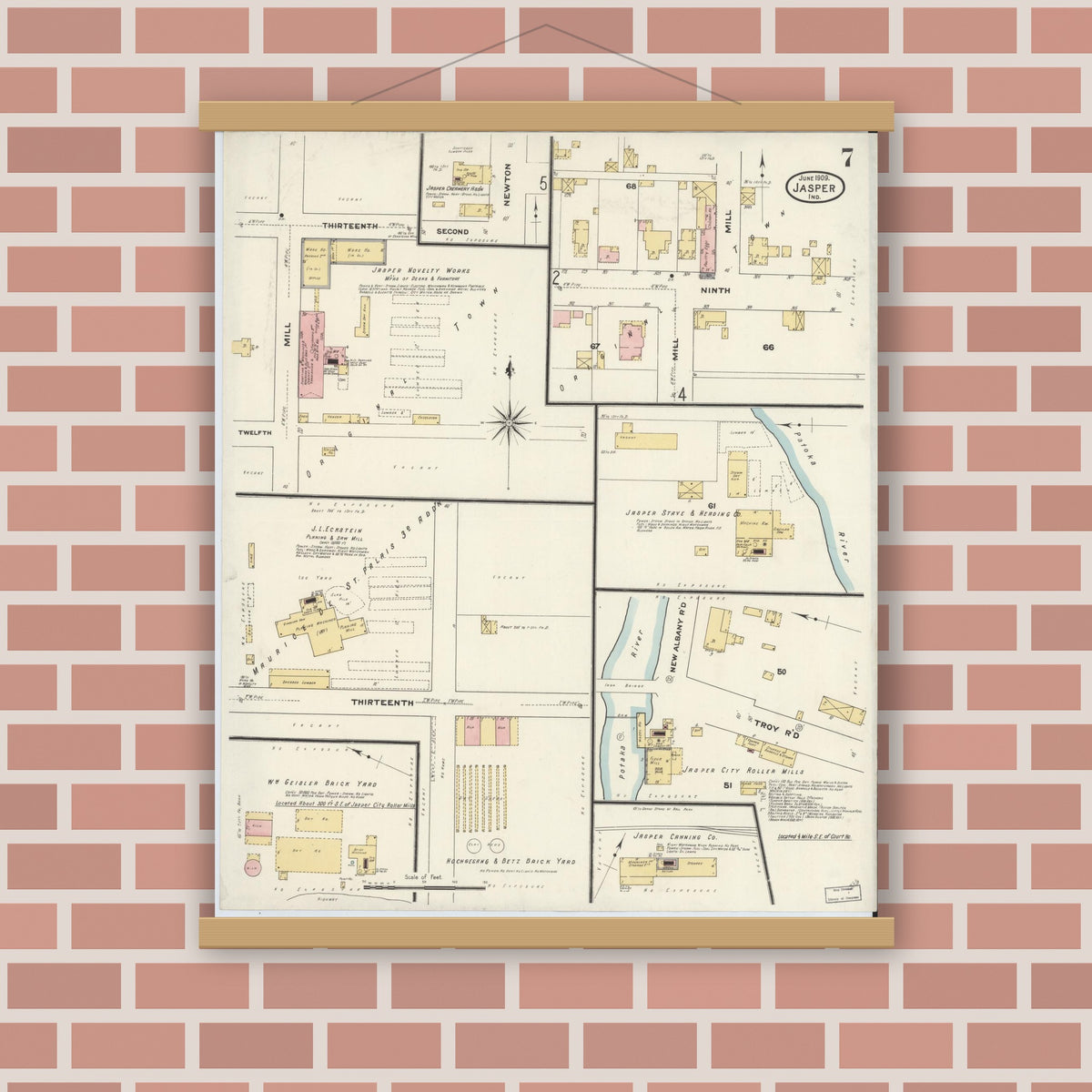 Old map wall art mockup — magnetic wood frame on brick wall — Sanborn Fire Insurance Map from Jasper, Dubois County, Indiana (1909), Sheet #0007